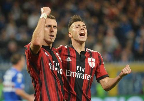 L'esultanza di Menez e El Shaarawy, i rossoneri hanno trovato il 2-2. Ansa 